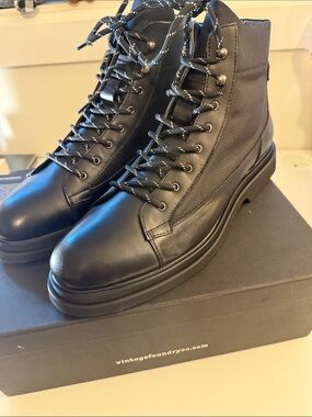 Vintage foundry co Men’s Black Leather & Textile Lace-Up Platform Boots